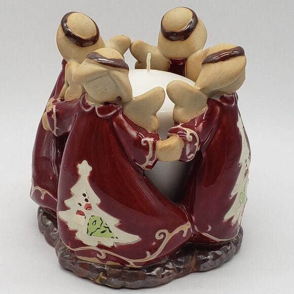 4 Christmas Tree Angels Holding Hands in Circle Stoneware Votive Candle Holder - Picture 10 of 13